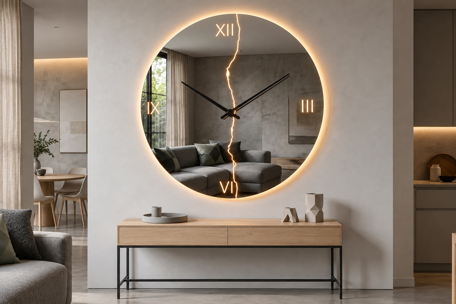 Fulmine Rond Horloge – Horloge murale ronde miroir éclair LED