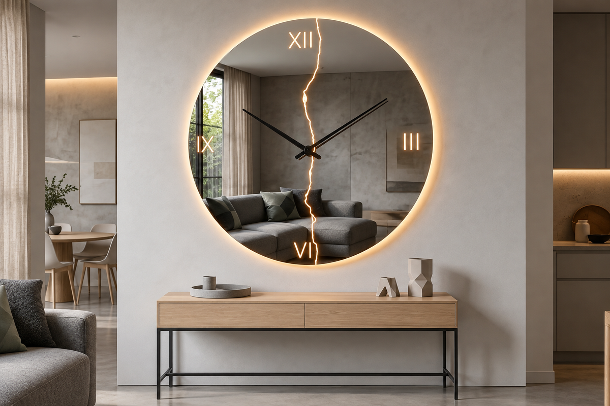 Fulmine Rond Horloge – Horloge murale ronde miroir éclair LED