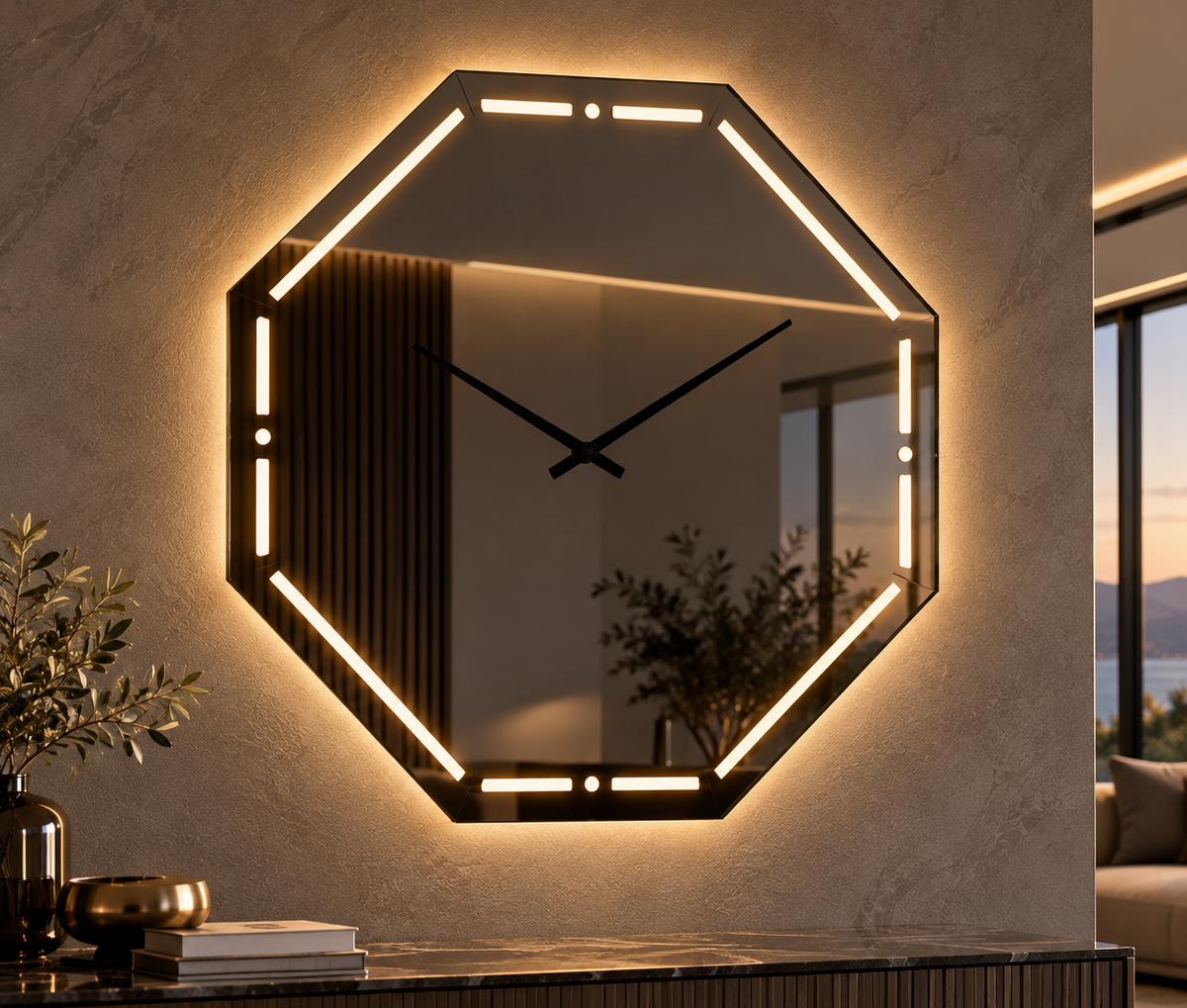 Aurora Horloge – Horloge murale octogonale miroir LED