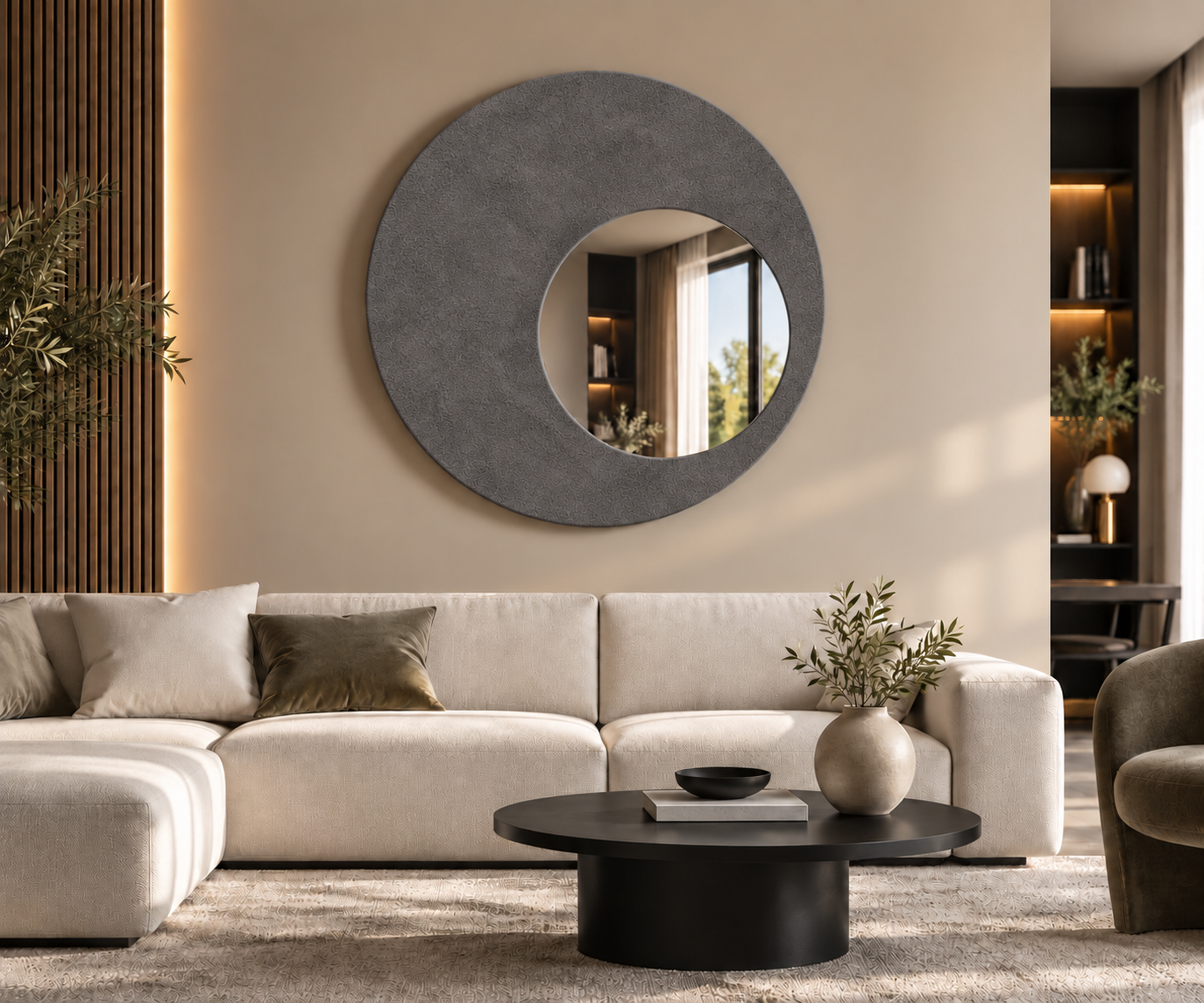 Genesi – Miroir mural circulaire avec revêtement en Alcantara