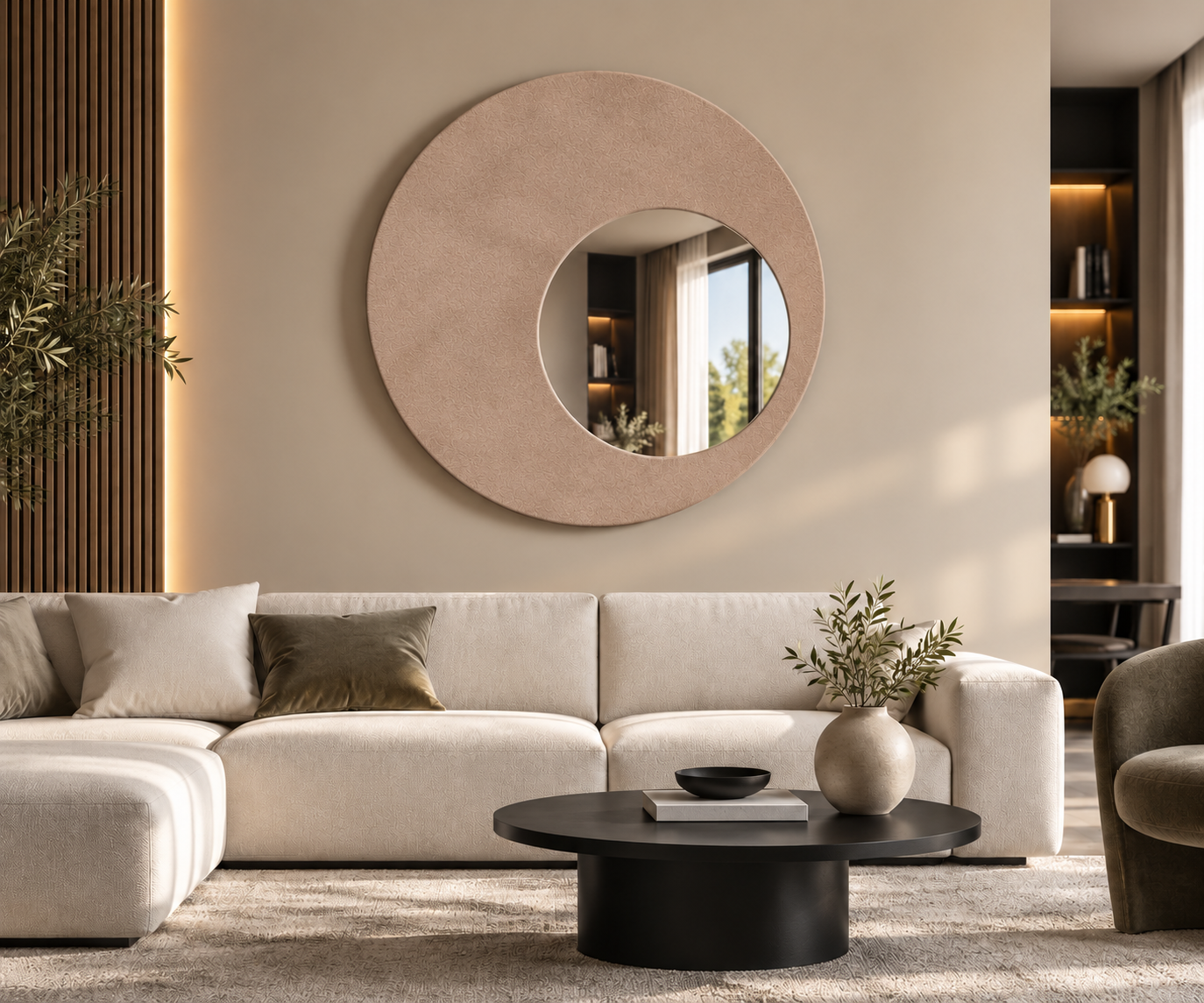 Genesi – Miroir mural circulaire avec revêtement en Alcantara