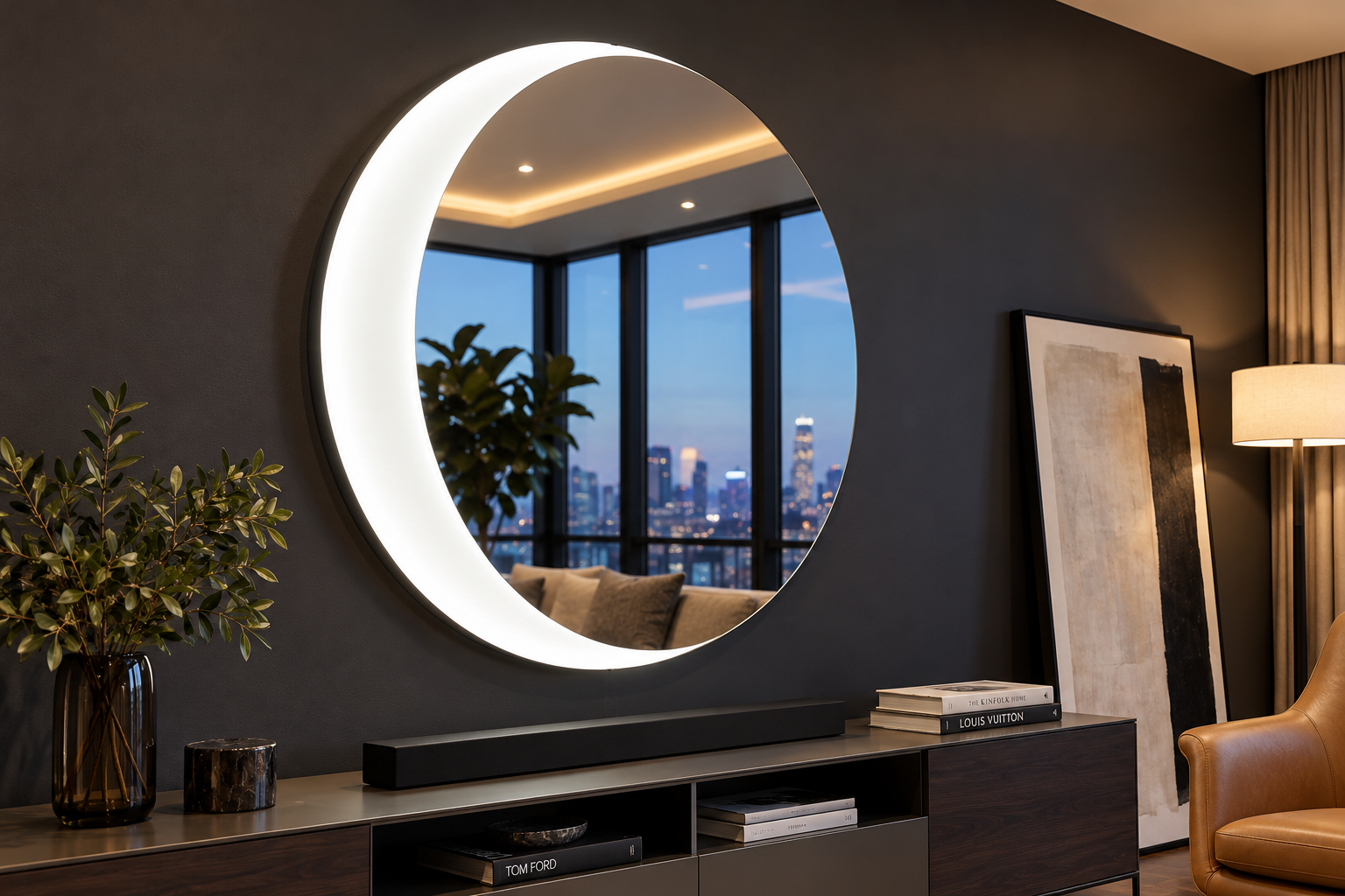 Luna – Miroir rond rétroéclairé demi-lune
