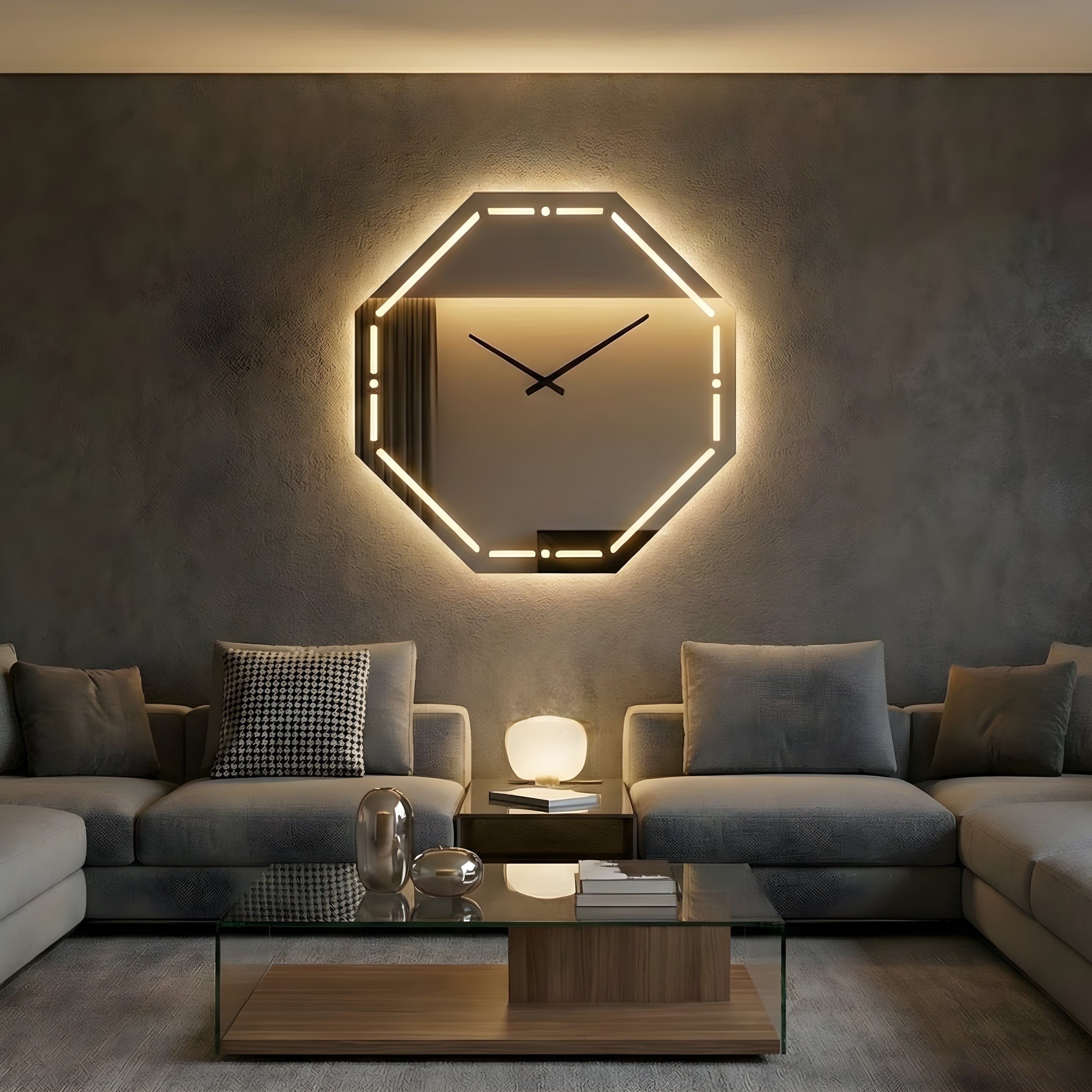 Aurora Horloge – Horloge murale octogonale miroir LED