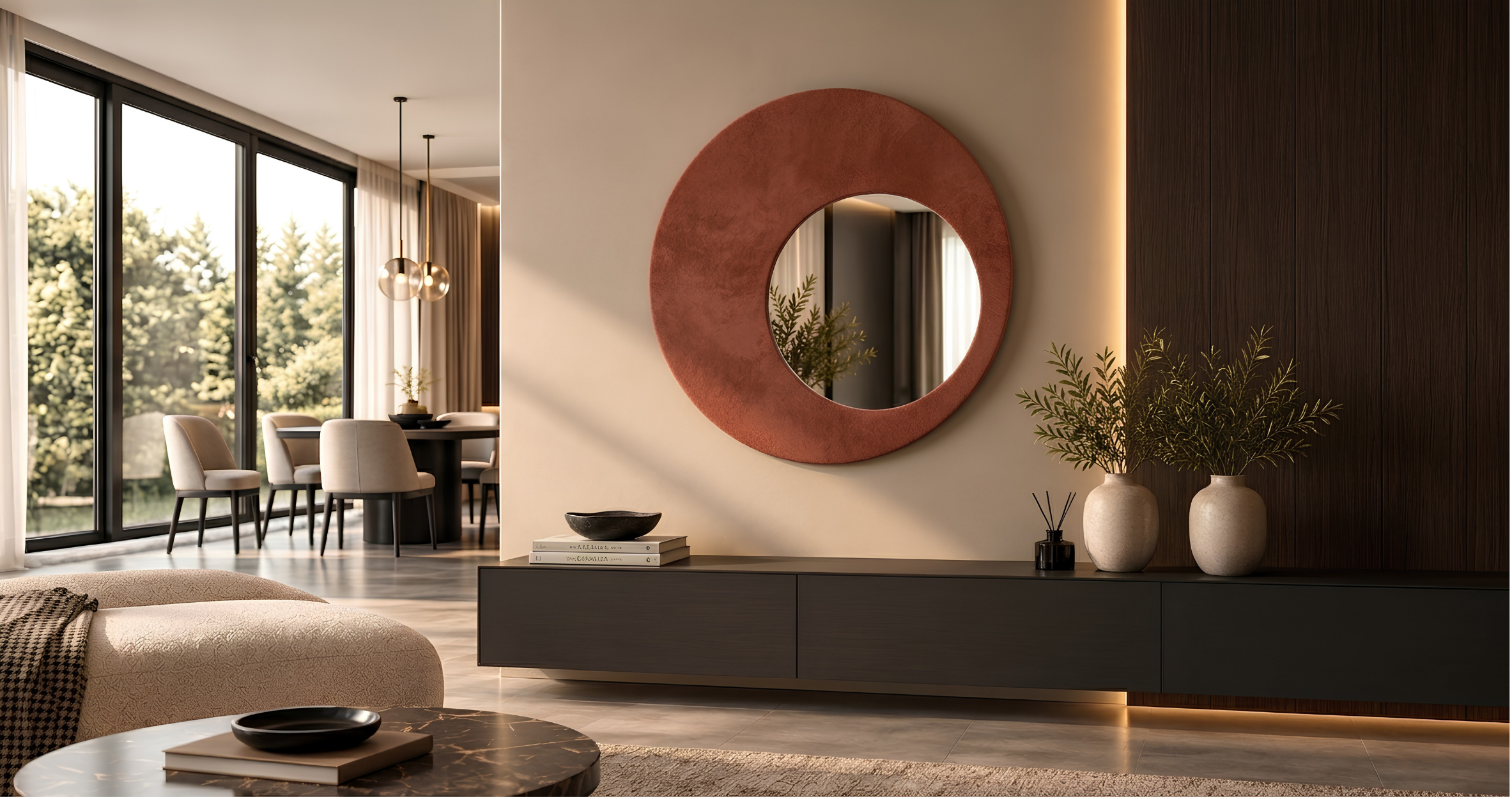 Genesi – Miroir mural circulaire avec revêtement en Alcantara